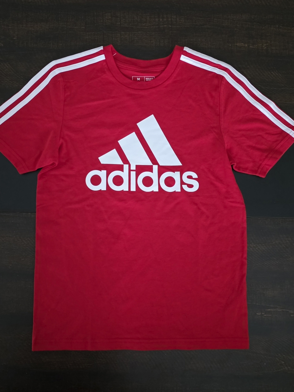 adidas Red Tee with White Logo and Shoulder Stripes